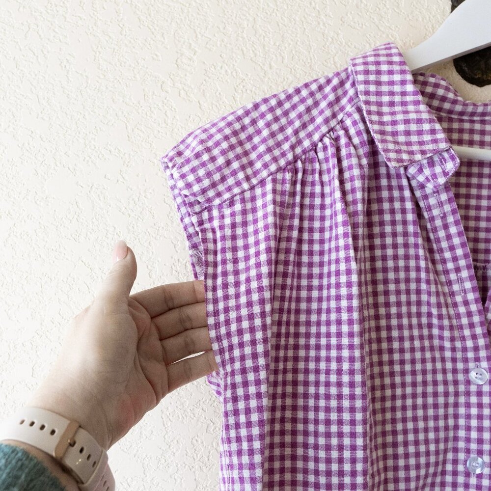 Lomon Purple White Gingham Button Front Top Women’s M Cotton Sleeveless - Picture 3 of 10